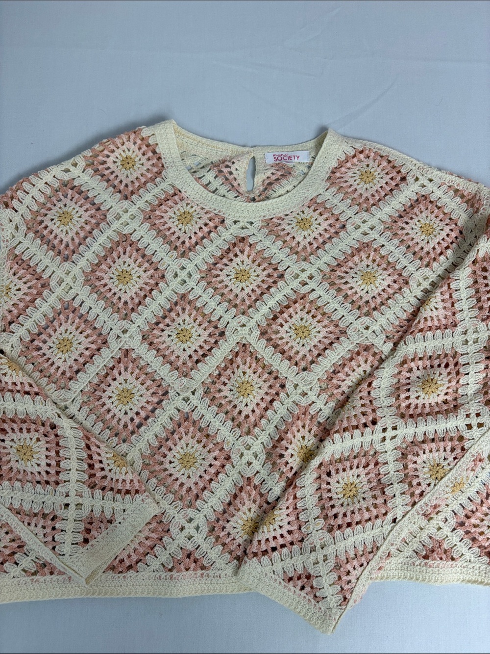 Mini Society XL Crochet Granny Square Cropped Sweater Pink Cream Boho